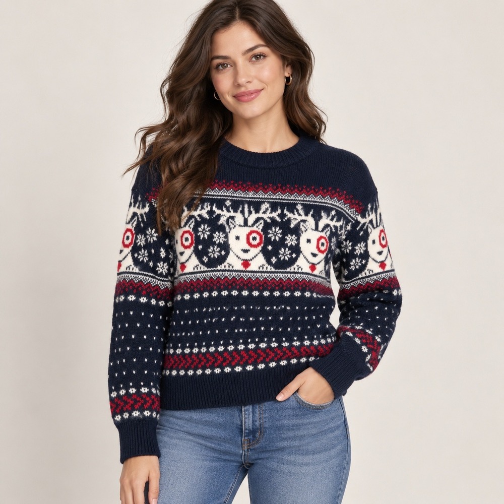 Universal Thread Holiday SweaterTarget Bullseye Dog Fair Isle Navy Blue New